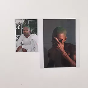 two images of frank ocean with green hair, one looking at the camera, and another topless with his hand over his face