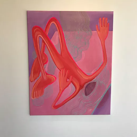 a painting of an abstract red body lying back with extra big arms and feet on a flat plane of colour with vague smoke shapes