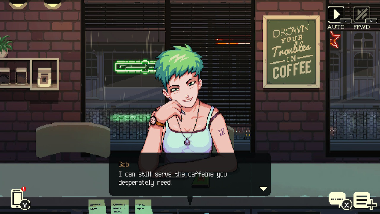 A woman with green hair looks at me from across the bar and I tell her I can still serve the caffeine she needs