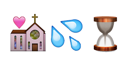 emoji summary of a church, water droplets, and a sand timer running out