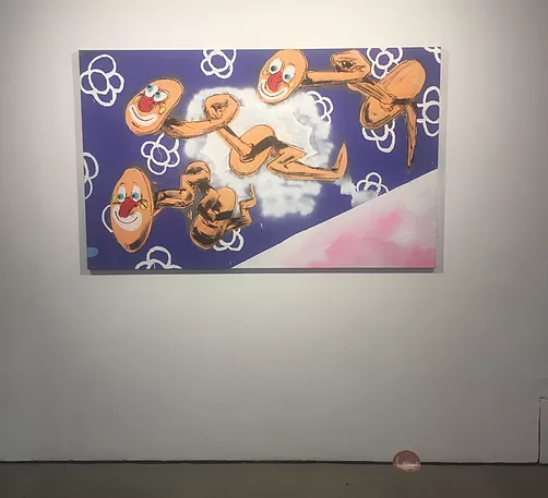 a painting of a cartoon clownish face with a long neck behind it that is twisting into a knot, and the creature is repeated three times across the image - it looks like it is both paint and spray paint