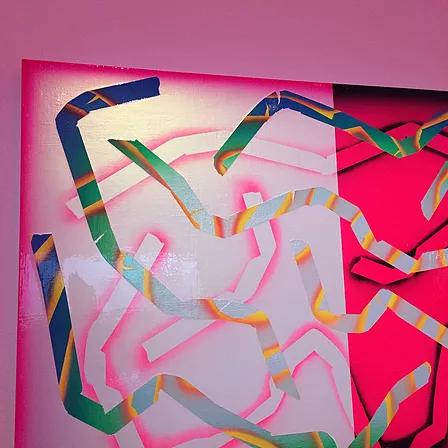 a painting with bright neons where pieces have been masked out in different confetti shapes and then painted, and then repeated so there are different layers of these masked out shapes and colours