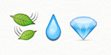 emoji summary of leaves blowing in the wind, a water droplet, and a diamond