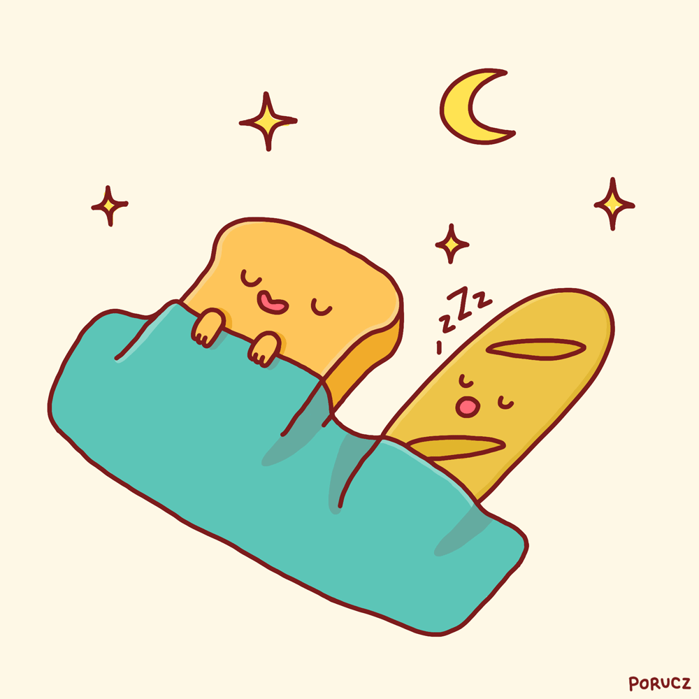 a slice of bread and a baguette sleeping with twinkling stars