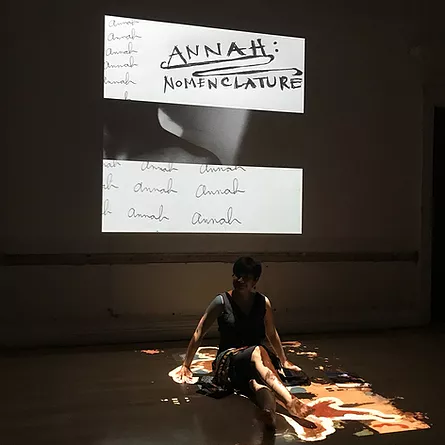 a performer sits in the shadows below a projection that has the words ANNAH: nomenclature in handwriting