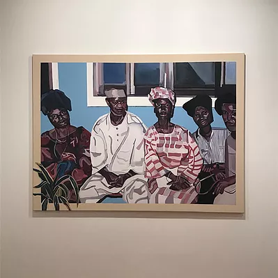 another painting that looks like it has been painted from a film photograph maybe of family and or friends, five people sat together on a long bench against a wall
