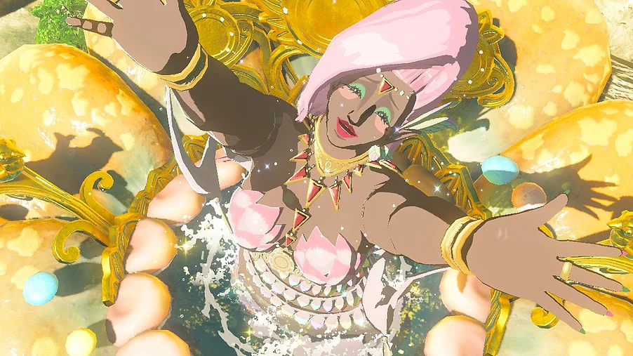 a huge brown fairy woman with massive pink hair looks up at the sky with her arms out as she appears splashing out of a pool at the centre of a huge flower