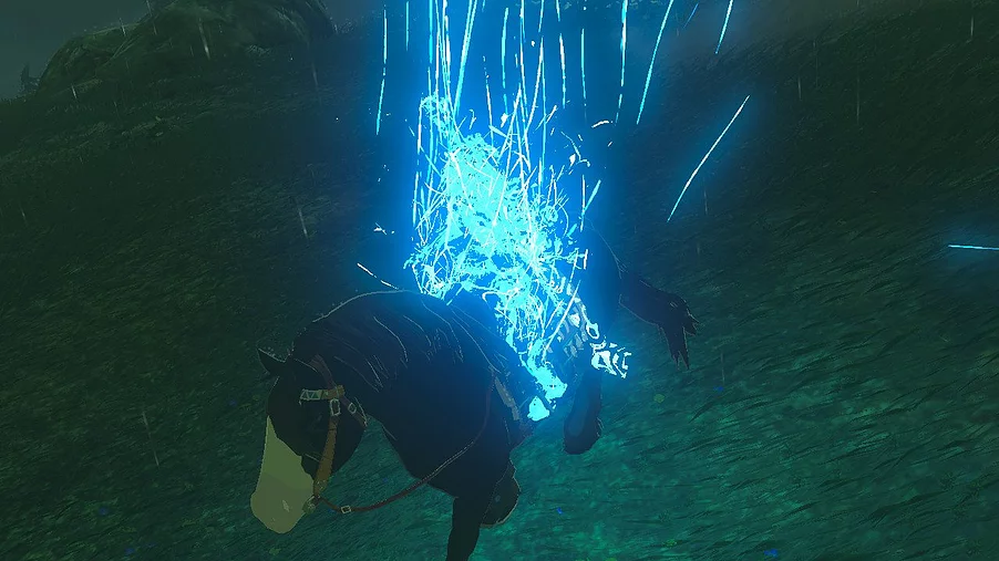 the body on the back of a horse has turned into glowing blue light that is fragmented, the shape of them still visible, breaking off into strings of light stretching up