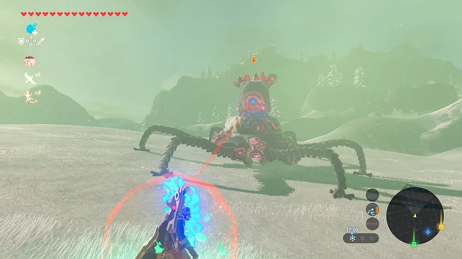 a guardian is shooting a red laser at Link