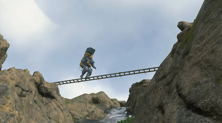 Sam balances over a ladder he&rsquo;s put across a stream, still with packages on his back like he&rsquo;s about to topple over at any second