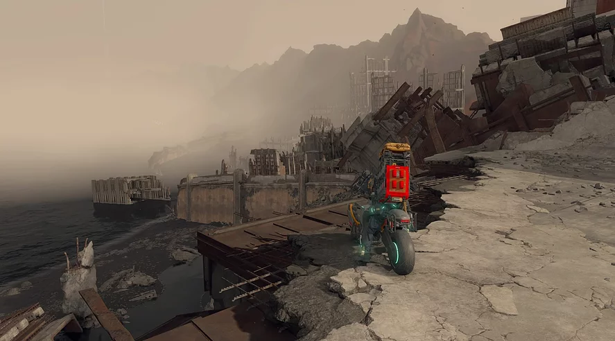a man is seated on a motorbike with a stack of parcels on his back overlooking the broken edge of a derelict city