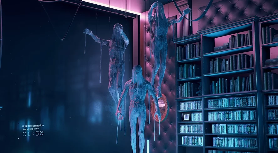 a corner of a library shows three artistic sculptures of BTs which look like floating drippy skeletal naked bodies with arms out