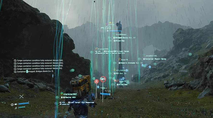 tonnes of items are picked up by a scan of the area, all left by other players indicated by green stringy hologram lines floating up from them into the sky, and the items are scattered around the mossy floor of a rocky rainy area
