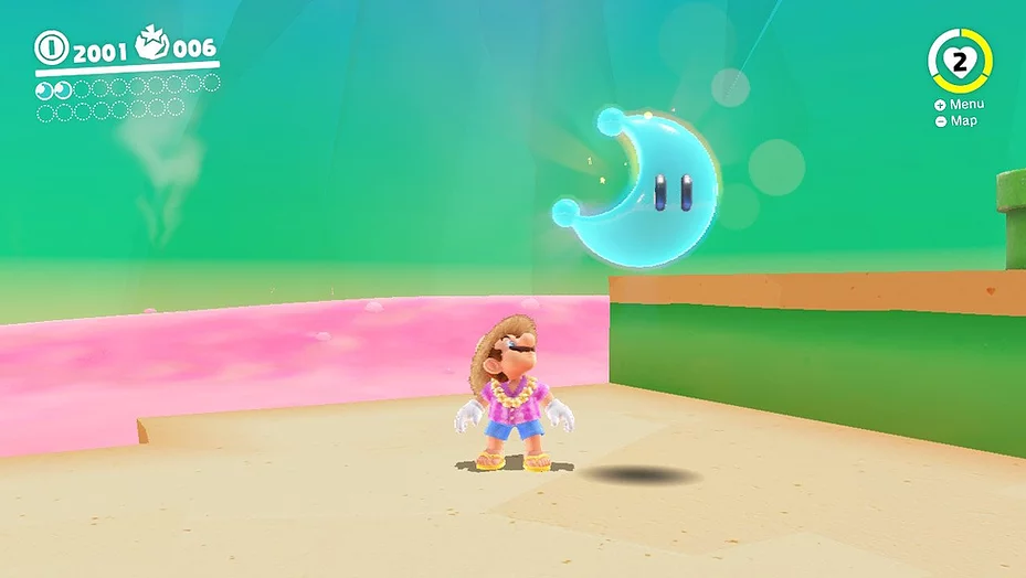 Mario is stood wearing a fun holiday outfit with shorts and a sunhat and a pink shirt looking up at a blue crescent moon floating in space