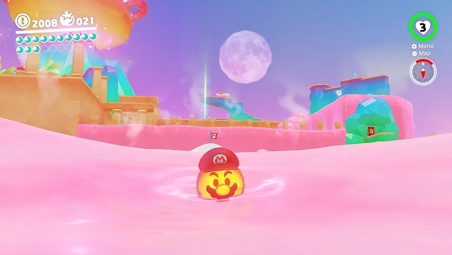 Cappy has been thrown onto a lava bubble which now has mario&rsquo;s hat and moustache, swimming through pink liquid
