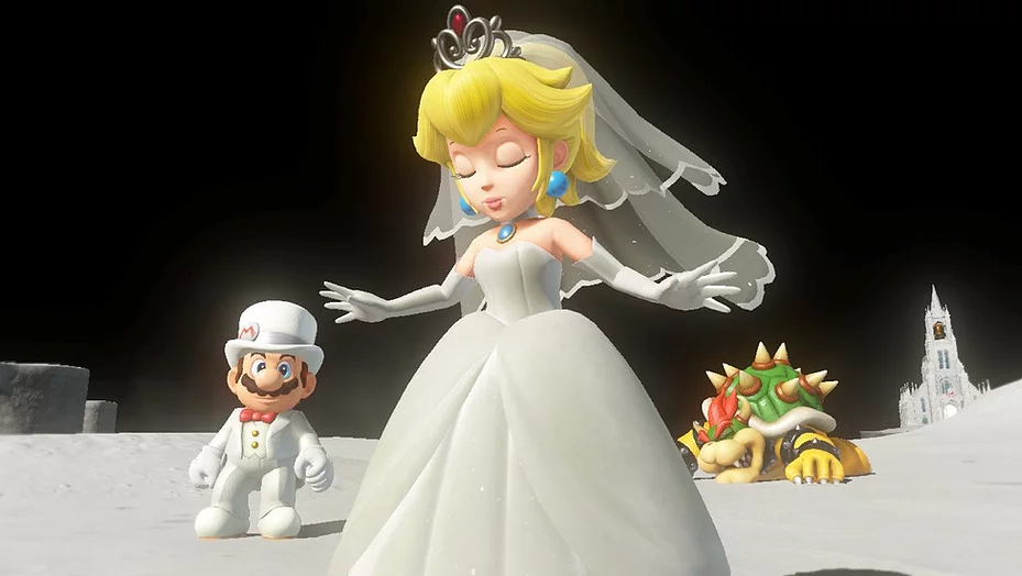 Peach is wearing a wedding dress on the moon, eyes closed, arms out to her side, and behind her Mario is in a white suit with a top hat, and over her other shoulder, Bowser is lying on his front crashed out on the floor