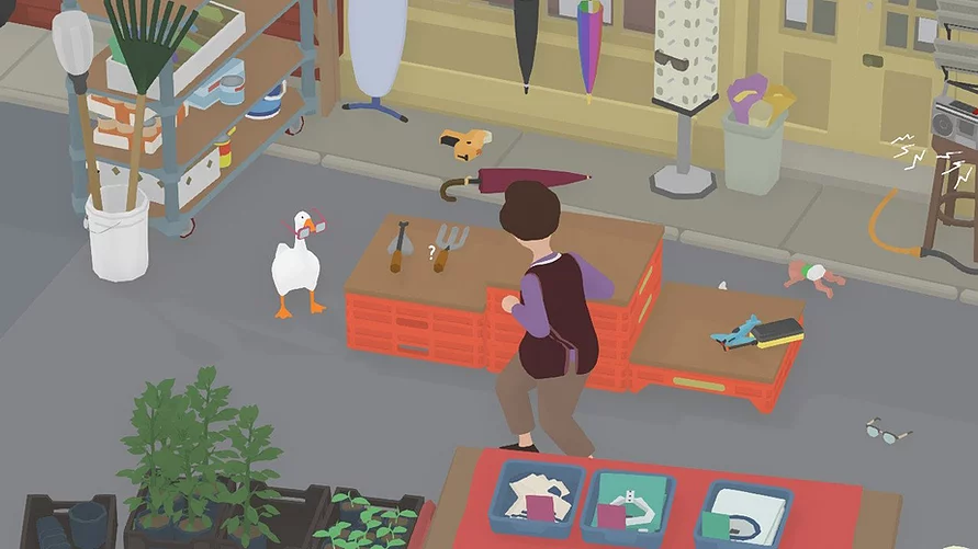 the goose is causing havoc in a little outdoor shop, and there are items strewn all over the floor. the shopkeeper is now running at the goose who is holding a pair of glasses in its mouth