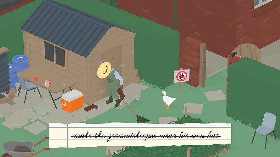 a groundskeeper is bending over wearing a sun hat while the goose is stood behind him next to a sign that says no geese