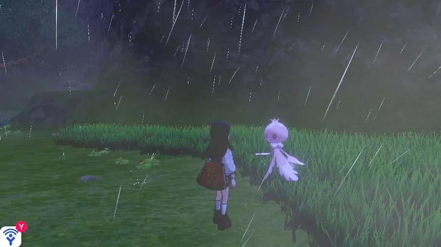 Gab&rsquo;s character is stood in the rain opposite a pokemon that looks like a little sock puppet