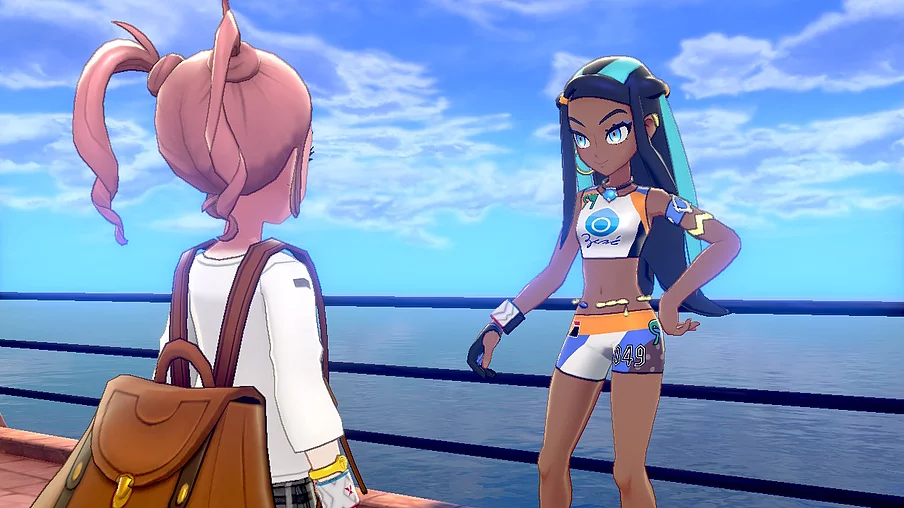 Gab&rsquo;s character is stood speaking to a cool pokemon trainer. She is black, long black hair with turquoise streaks, hoops, a crop top and tiny shorts, and she&rsquo;s stood at a dock with sea and skies behind her