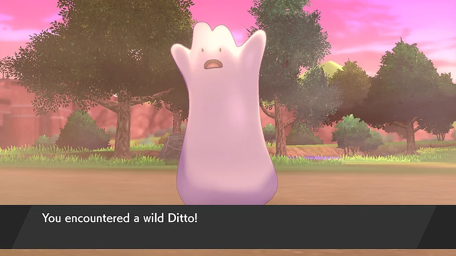 the game announces &lsquo;you encountered a wild ditto!&rsquo; with a purple stretching ditto doing a scary face