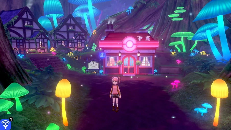 a pokemon centre is seen glowing red between a tonne of glowing tall mushrooms between huge towering trees in a dark scene