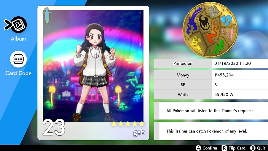 the menu screen shows Gab&rsquo;s trainer card. Her character is stood with fists up, and she has all the badges available in this game