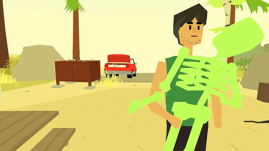 a white man with stubble holds a glow in the dark skeleton in his arms, and behind hi there is a red car with the boot up