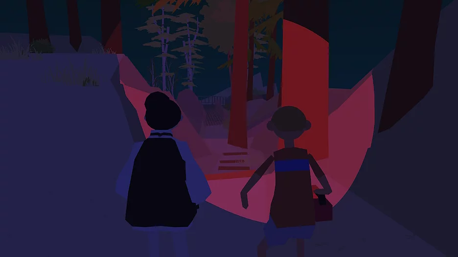 the boy and the girl are sat in a little nook shining out the red light of the flashlight at the trees ahead of them