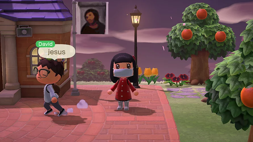 Gab and her cousin David are stood below her town&rsquo;s flag which is a recreation of the bad restoration of Jesus from that spanish village, and David has a speech bubble above his head saying &lsquo;jesus&rsquo;