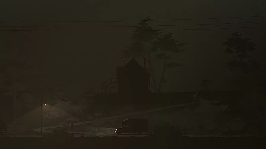 a super dark scene shows a truck on its way up a winding road towards a house that is barely visible in a misty deep night