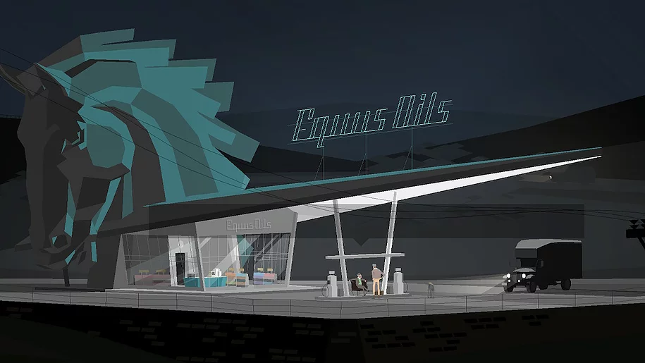 a patrol station called Equus Oils is shown with a big slanted roof next to a massive horse head that rises up over the building, and it is night, and there is one truck in the station with its headlights on