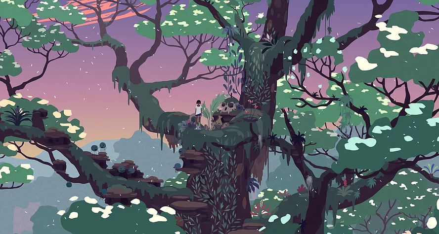 the main character stands in the weaving big amazing branches of a giant tree, amongst little statues, leaves, blossoms flying through the air, against a pink sky
