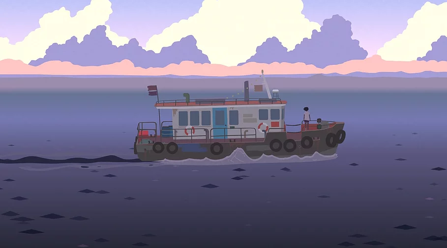 a figure stands at the front of a boat that is moving across the screen over lilac seas and below white lilac and pink clouds