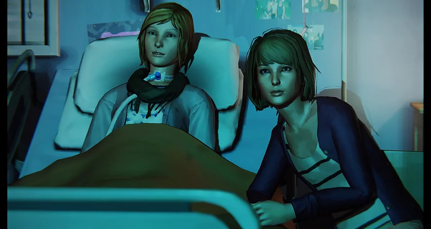 two white girls are side by side, one of them at a chair and the other in a hospital bed