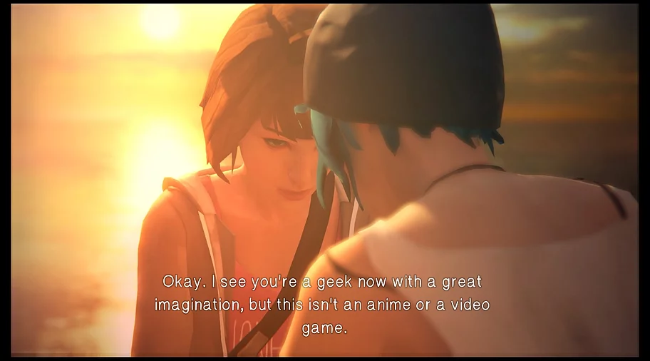 two girls are head to head against a sunset, and one of them is saying 'okay I see you're a geek now with a great imagination, but this isn't an anime or a video game