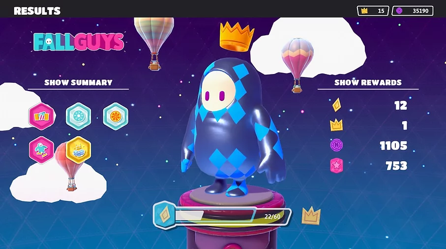 My blue bean on the final screen with a crown on its head because I finally won a crown