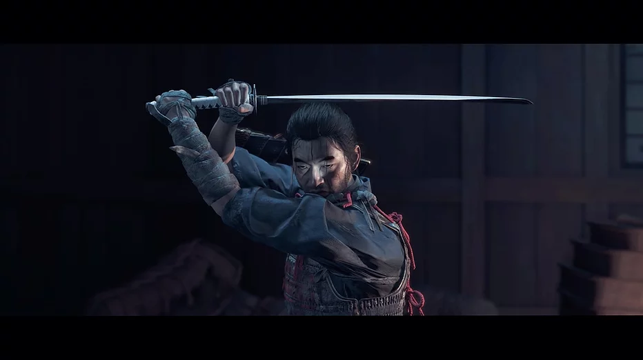 Jin stands with a sword in both hands held over his head perfectly horizontally
