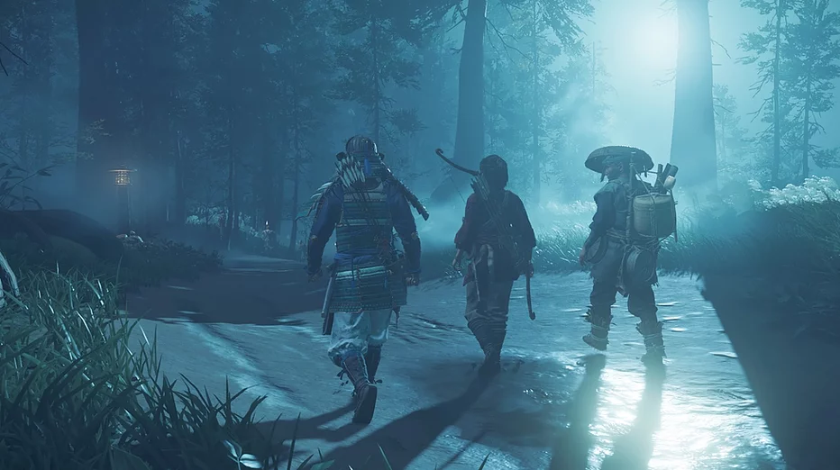 three fighters walking through a forest at nighttime under moonlight, and we can see a bow and arrow on them, and a lantern at the side