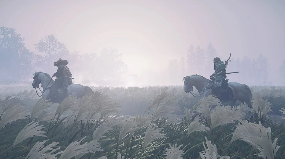 Two people on white horses ride slowly through a field of tall plants against a white empty sky