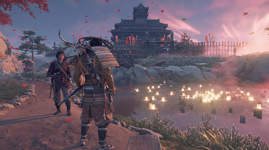 a woman with a bow and arrow approaches the main character next to a lake with tiny lanterns floating on top, and the sky is pale blue and pink, and there are red petals floating through the air