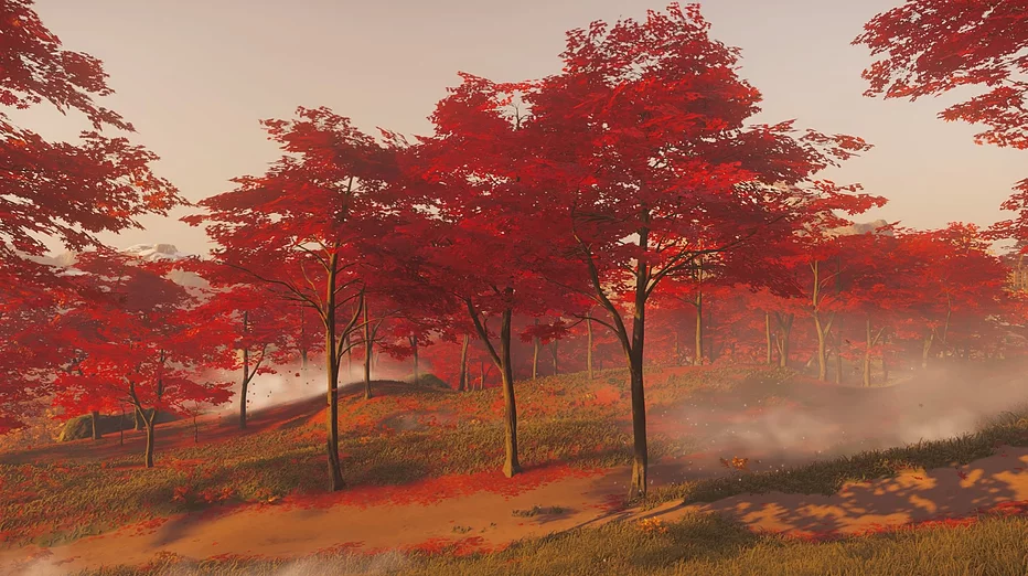 A section of the forest with bright red trees, ruby red, unreal