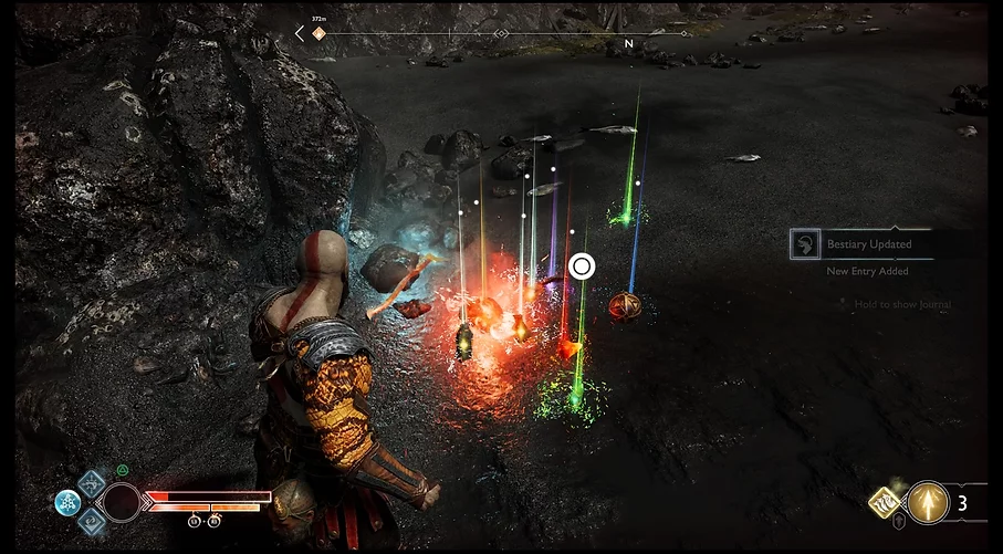 there are a bunch of colourful crystals on the floor after Kratos has killed an enemy, things to pick up that can replenish health and stamina