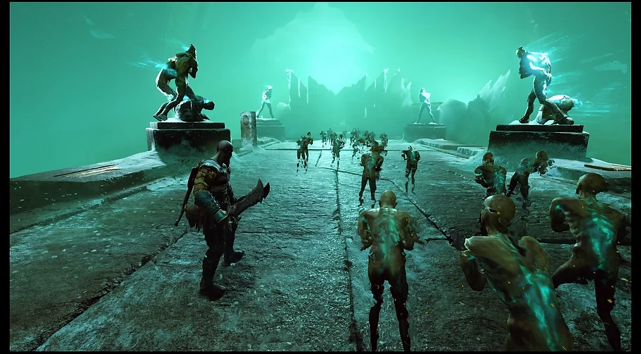 A cold mint green icy bridge in the underworld shows a flow of recently deceased cowering as they walk forward to the very end of their life