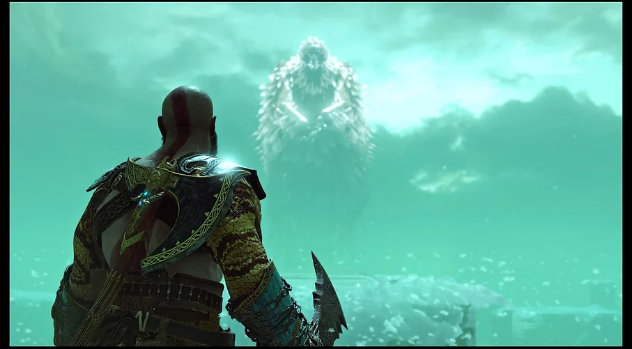 Kratos stands with a huge axe on his back looking at a towering bird in the distance with its wings wrapped around itself