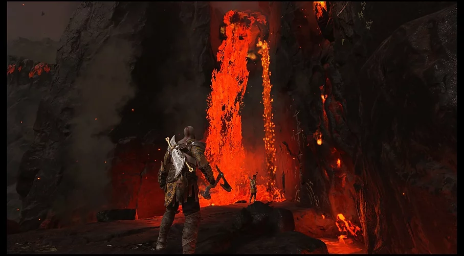 Kratos stands in front of a huge spilling stream of lava