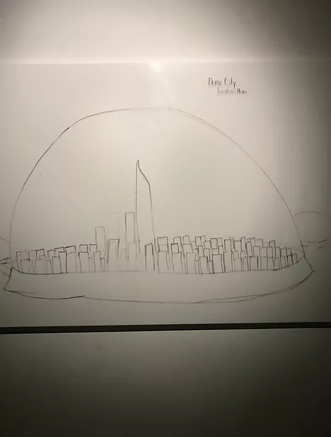 a thin pencil drawing of a city under a dome with a large tower in the middle, only outlines no detail
