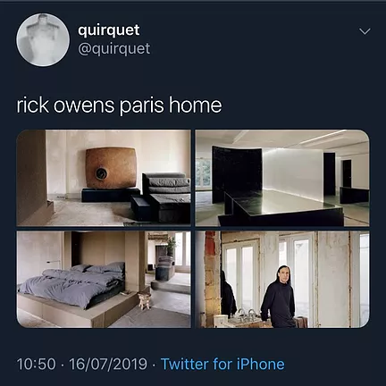 a tweet showing pictures of rick owen&rsquo;s paris home which is very sparse and industrial