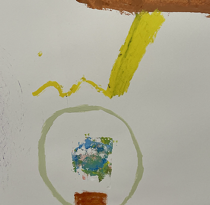 a close up of yellow oil pastel scrawled across into a zig zag above a green ring around a print of blue and yellow