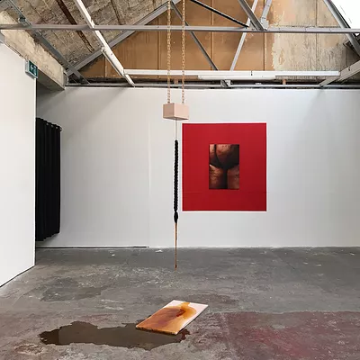 a block hangs from the wall by nude chains, with a braid below it that is dripping a thick dark liquid onto the floor below it. On the wall behind it, there is a huge red square framing a cropped image of a Black bum